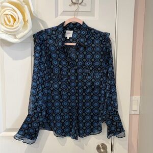 Misa Los Angeles Navy and Cobalt Geometric Button-Up Blouse